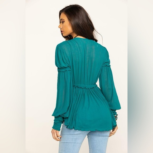 Free People Teal Blouse with Long Sleeves - Picture 2 of 8